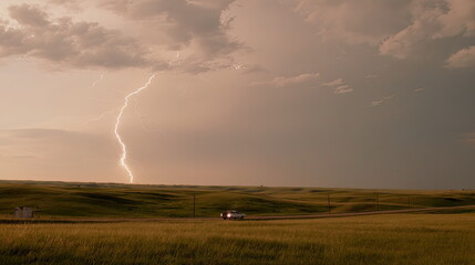 Obraz premium Intense lightning bolt illuminating a vast, rolling green landscape with a lone pickup truck driving on a dirt road under dramatic, cloudy skies during an evening thunderstorm