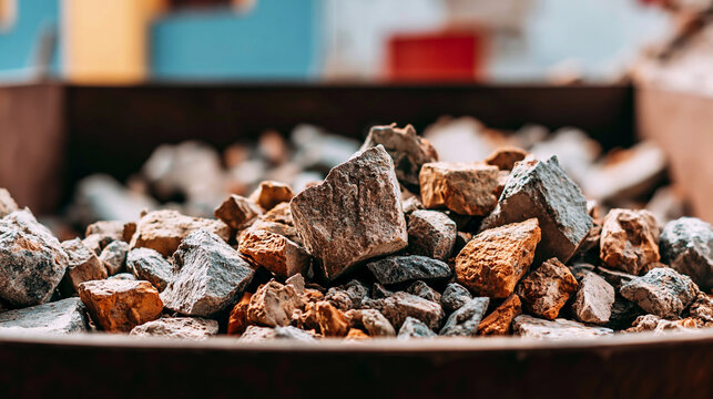 Construction debris and broken bricks filling a reclamation container, showing rubble, rock bits, and concrete waste