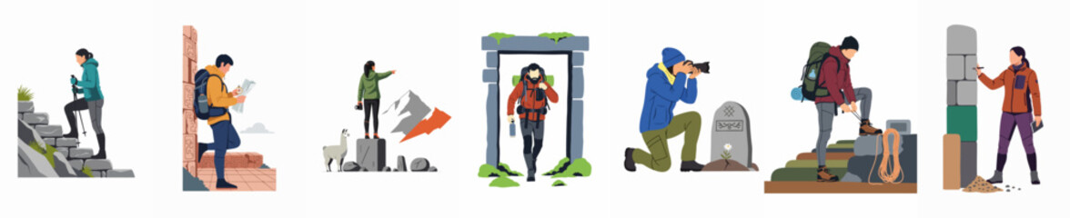 A collection of diverse people exploring mountains and ancient ruins, featuring activities like hiking, photography, and map reading in a flat vector style. © Nurul
