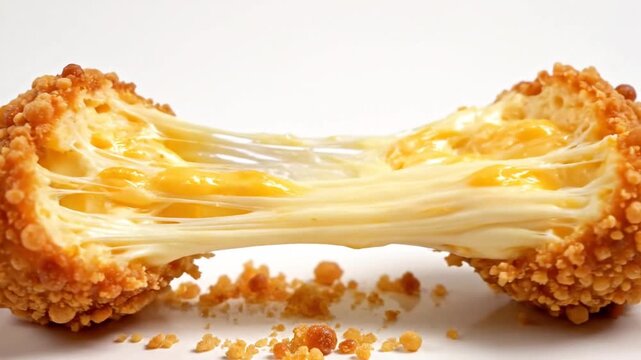 Golden Brown Crispy Fried Cheese Ball Being Pulled Apart Forks Showing Stretchy Melted Core On White Background