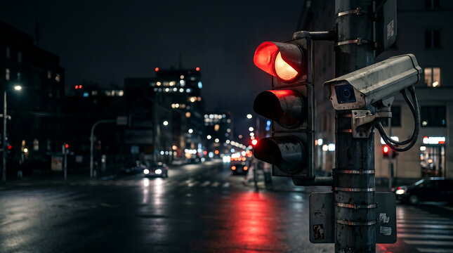 Urban City Street at Night with Surveillance Camera and Red Traffic Light
