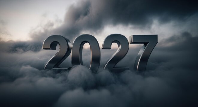 Year 2027 emerging from dark clouds