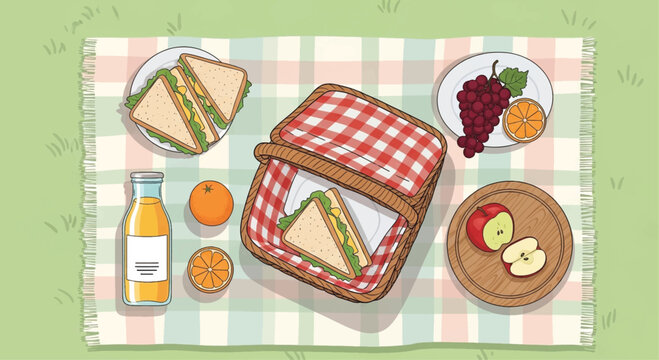 Picnic, outdoor food, sandwich, lunch, basket, vector illustration