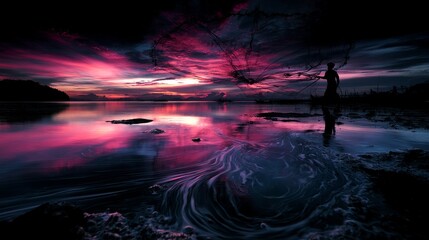 Naklejka premium Silhouette of Fisherman Casting Net at Vibrant Purple Sunset Over Tropical Waters
