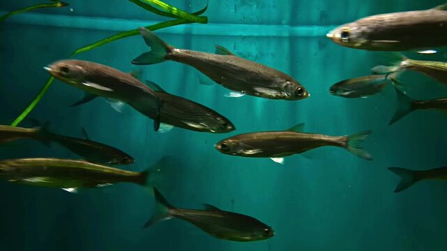 Aquarium life. A school of small silvery fish swims in an aquarium