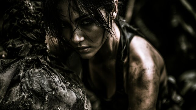 Intense Portrait of a Determined Woman in a Dark Gritty Jungle Environment