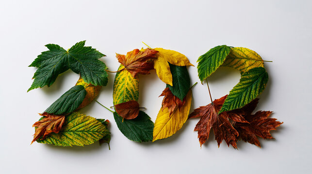 Number 202 created using a variety of fall leaves displaying green, yellow, and brown tones, flat lay