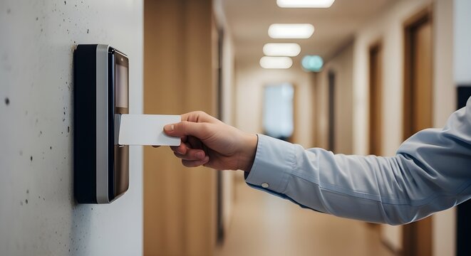 Person using a white security access card to unlock an electronic door reader in office