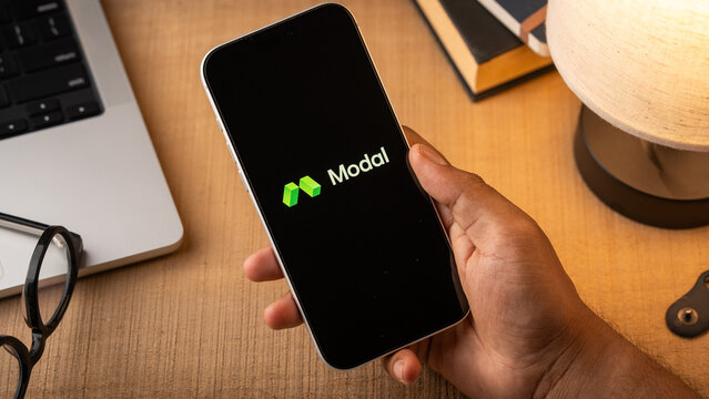 Modal AI logo is displayed on the screen of a smartphone, in Bangalore, India, on May 11, 2026