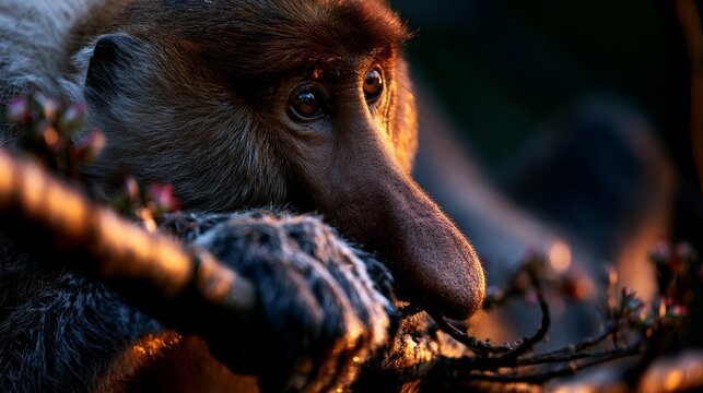 Portrait of a Proboscis Monkey Resting on a Branch in Borneo