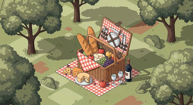 Pixel art picnic basket, outdoor food, vector illustration, red and white checkered