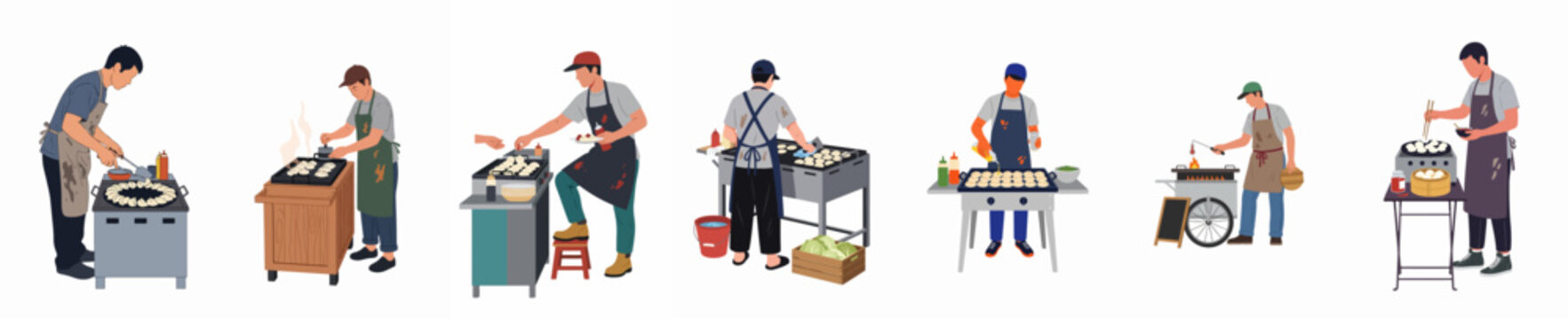 Set of flat illustrations showing various street food vendors cooking and serving delicious dumplings on grills and steamers, isolated on white background.