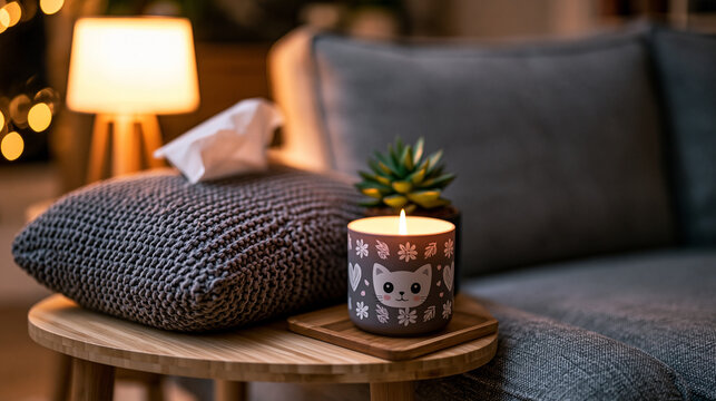 A candlelit therapy session afterthought moment, an empty couch with a folded tissue and a small succulent on a side table, soft warm lamplight, no people, perfect for mental health awareness, thera