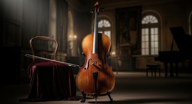 A beautifully crafted acoustic cello with a rich dark wood finish resting indoors, exuding timeless elegance and the promise of melodic sound.