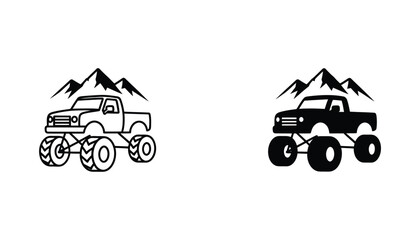 Monster truck icon with mountain background in outline and solid black silhouette styles for off-road adventure and extreme sports branding © Minimalist