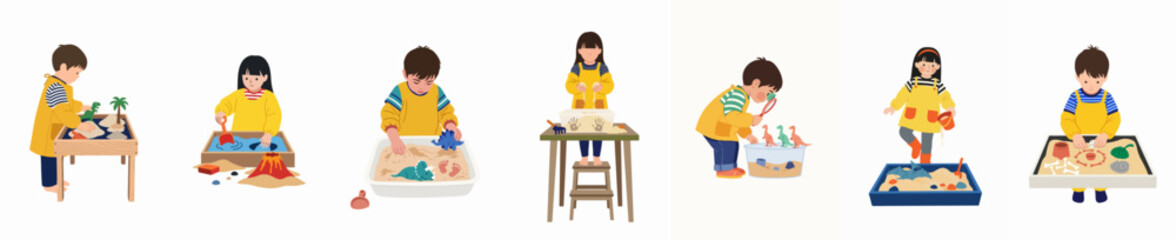 Set of diverse children engaging in sensory play with sand and dinosaur toys, perfect for educational materials and preschool themes. © Nurul