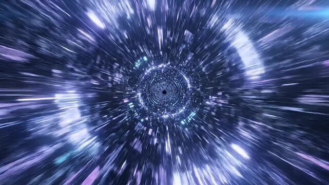 A mesmerizing abstract image depicts a tunnel-like vortex of light and motion, evoking a sense of speed and otherworldly travel.