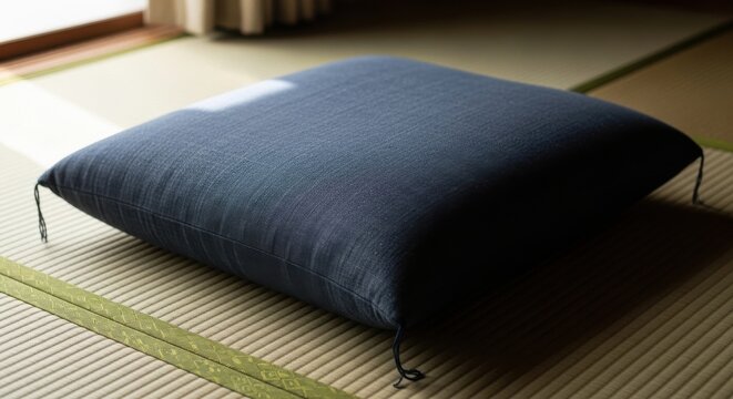 Deep Blue Traditional Japanese Zabuton Floor Cushion Resting on Tatami Mat