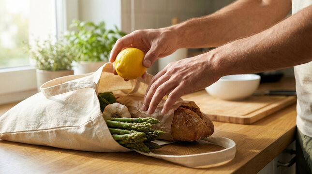 Hands placing lemon into a grocery bag with fresh produce in a Scandinavian kitchen