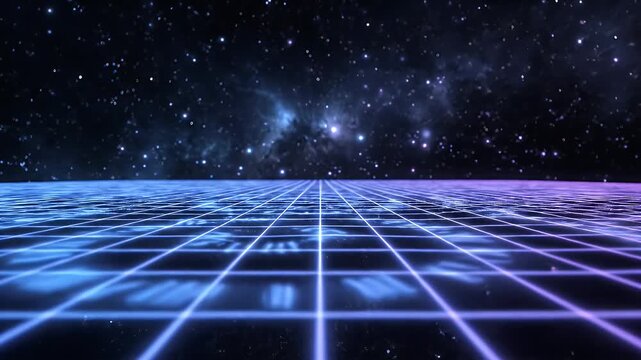 A vibrant, futuristic scene depicts a grid pattern extending into a starry night sky, evoking a sense of digital space and retro aesthetics.
