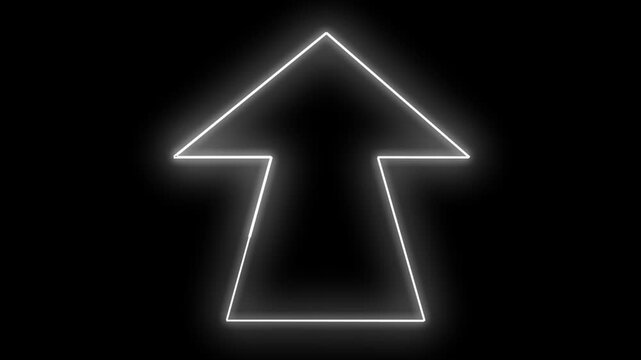 Neon light arrow sign pointing up on black background