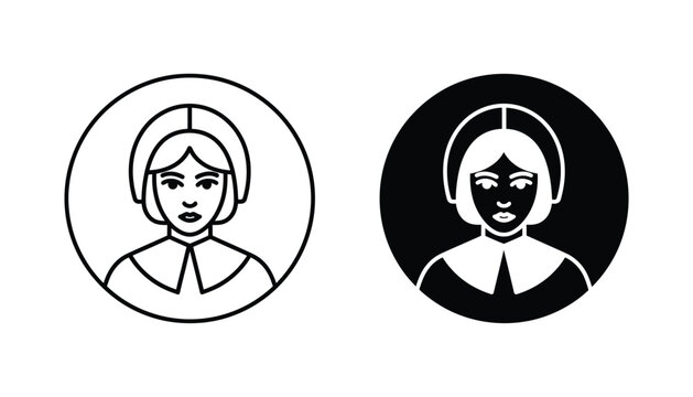 Pilgrim woman portrait avatar icon set with traditional bonnet in black and white vector design