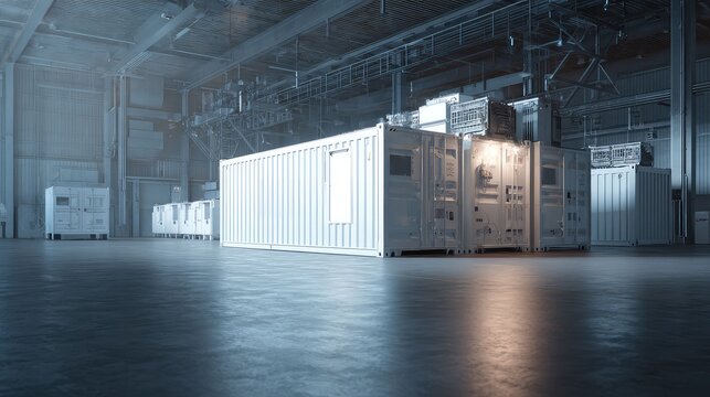 Advanced modular data center units configured as shipping containers are standing inside a modern industrial warehouse, representing cloud computing and technology infrastructure