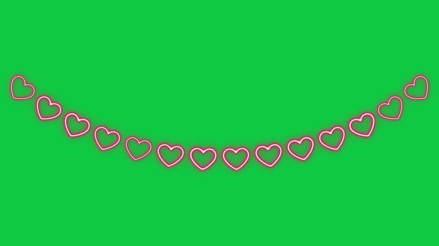 hearts string neon lights valentines day celebration and love isolated on green screen animation, choma key romantic valentine and wedding social media motion design elemment