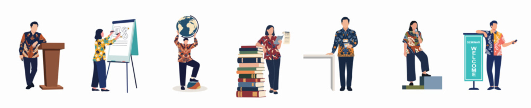 Collection of Diverse Indonesian Characters in Batik Shirts Engaged in Various Seminar, Education, and Presentation Activities, Isolated Vector Illustration