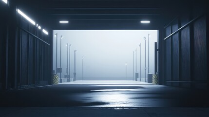 Fototapeta premium Industrial complex loading dock area in the evening, illuminating a long, empty pathway leading into a dense fog, creating a mysterious and atmospheric ambiance