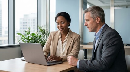 Fototapeta premium Business professionals reviewing laptop data in modern office. Collaboration, mentoring, and corporate teamwork concept.