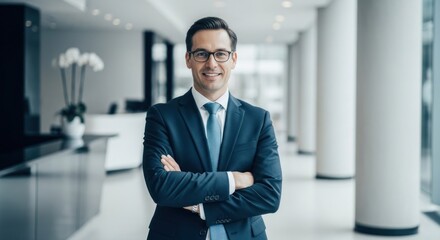 Fototapeta premium Confident businessman in a suit, smiling warmly