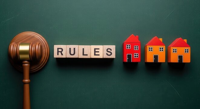 Gavel and wooden blocks spelling rules next to miniature houses