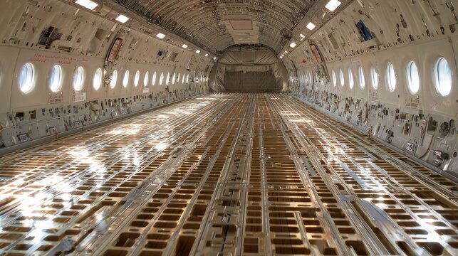 Interior of an empty cargo aircraft fuselage displaying the structural components, numerous windows, and the roller floor ready for freight transport and logistics operations