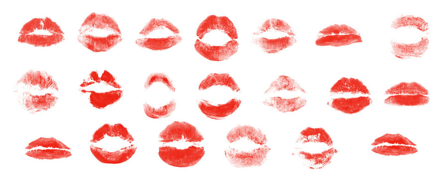 Red lipstick kiss marks collection isolated on white background