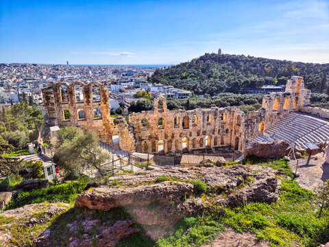 View of the Odeon of Herodes Atticus During the Ascent of the Acropolis Hill in Athens, Greece