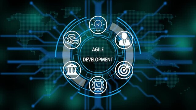  &ldquo;Agile Development, Artificial Intelligence, and Global Business Network Technology Concept&rdquo;. Digital circuit board on world background. Representing artificial intelligence, and future technology