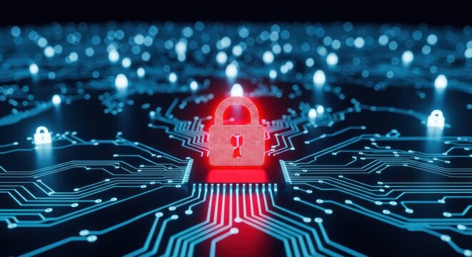 Digital threat Red lock on circuit board