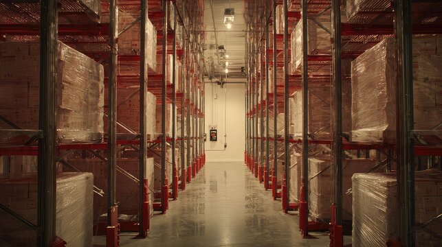 Industrial warehouse aisle with tall metal racking stacked with plastic wrapped boxes and pallets, organized for efficient logistics, inventory management, shipping and fulfillment operations