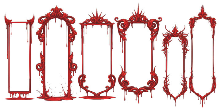 Set of scary red horror frames with dripping blood and monster eyes for spooky Halloween posters and graphic design