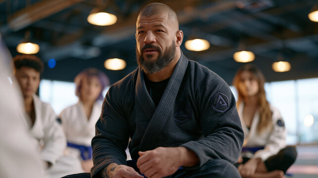 A Brazilian jiu-jitsu instructor who is an amputee demonstrating a technique to a diverse group of students on mats in a gym, industrial exposed ceiling, perfect for disability sports, inclusion, an