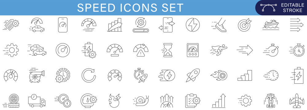 Speed Icons Set with Fast Delivery, Performance Gauge, Rocket, Stopwatch, Turbo Engine, Acceleration, Logistics and Velocity Line Symbols Collection editable stroke