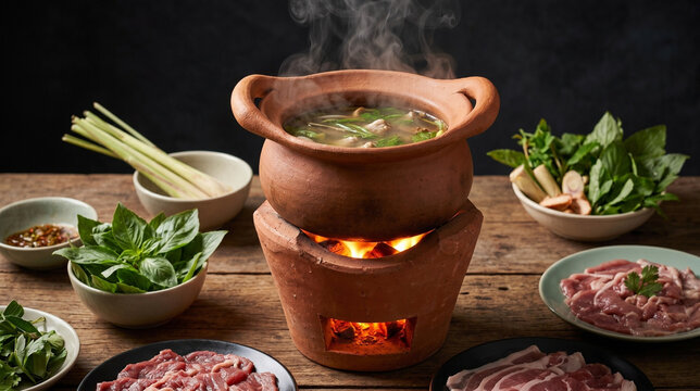 Traditional Thai Isan Jim Joom clay hot pot on a glowing charcoal stove with herbal steam