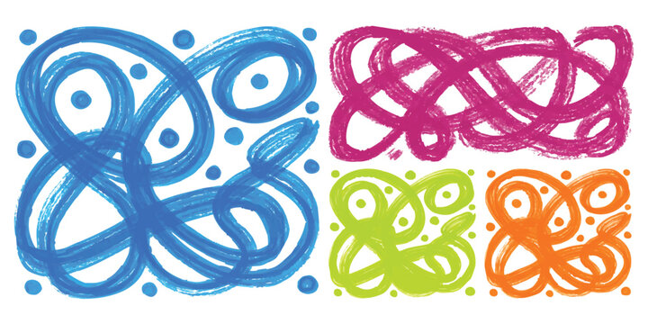 Set of colorful hand drawn abstract scribble lines and dots in blue pink green and orange colors