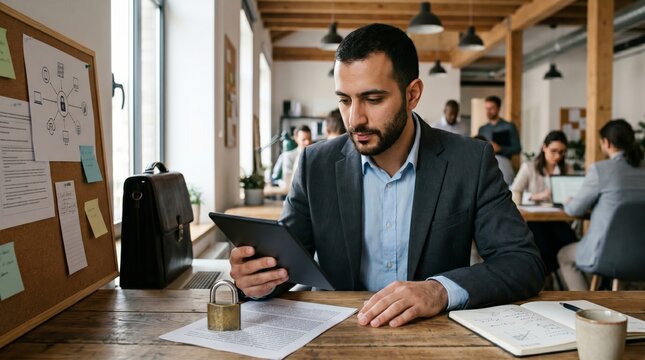 Businessman using tablet at desk with security lock icon. Cybersecurity, data protection, and digital privacy concept in modern office.