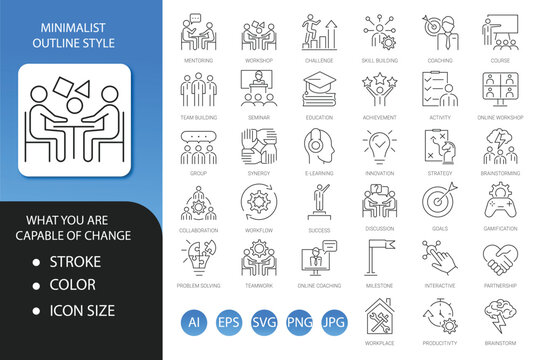 Workshop icon set. Containing team building, collaboration, teamwork, coaching, problem-solving and education icons. Solid icon collection.