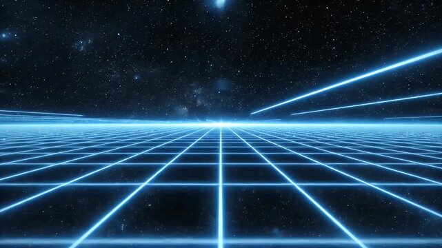 A vibrant, futuristic digital landscape featuring glowing blue grid lines extending into a starry night sky, evoking a sense of boundless space and technological advancement.
