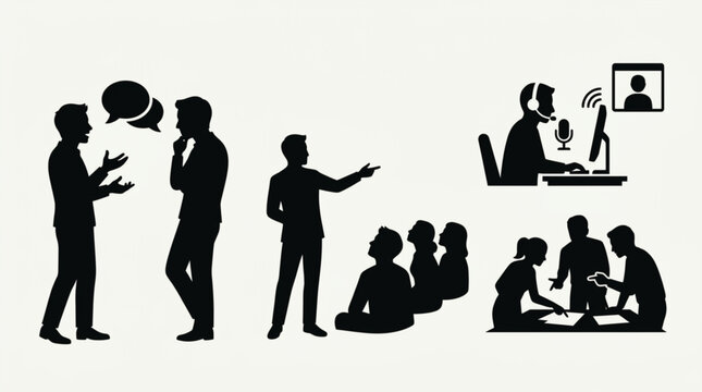 Silhouettes of people communicating and collaborating in various settings.