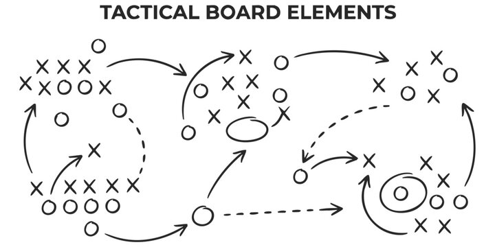 Tactical board elements with sports strategy arrows and player symbols for soccer or basketball game coaching