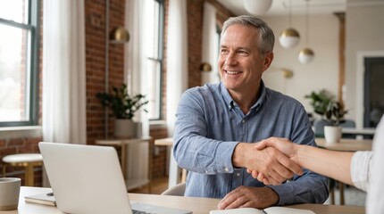 Fototapeta premium Middle-aged businessman shaking hands with partner at desk in modern office. Business deal, partnership agreement, and professional collaboration concept.